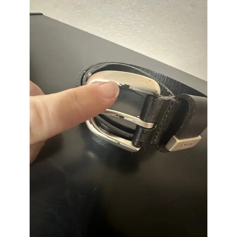 Fossil Black Leather Belt Men XL Silver Buckle Elegant Glam Old Money Preppy